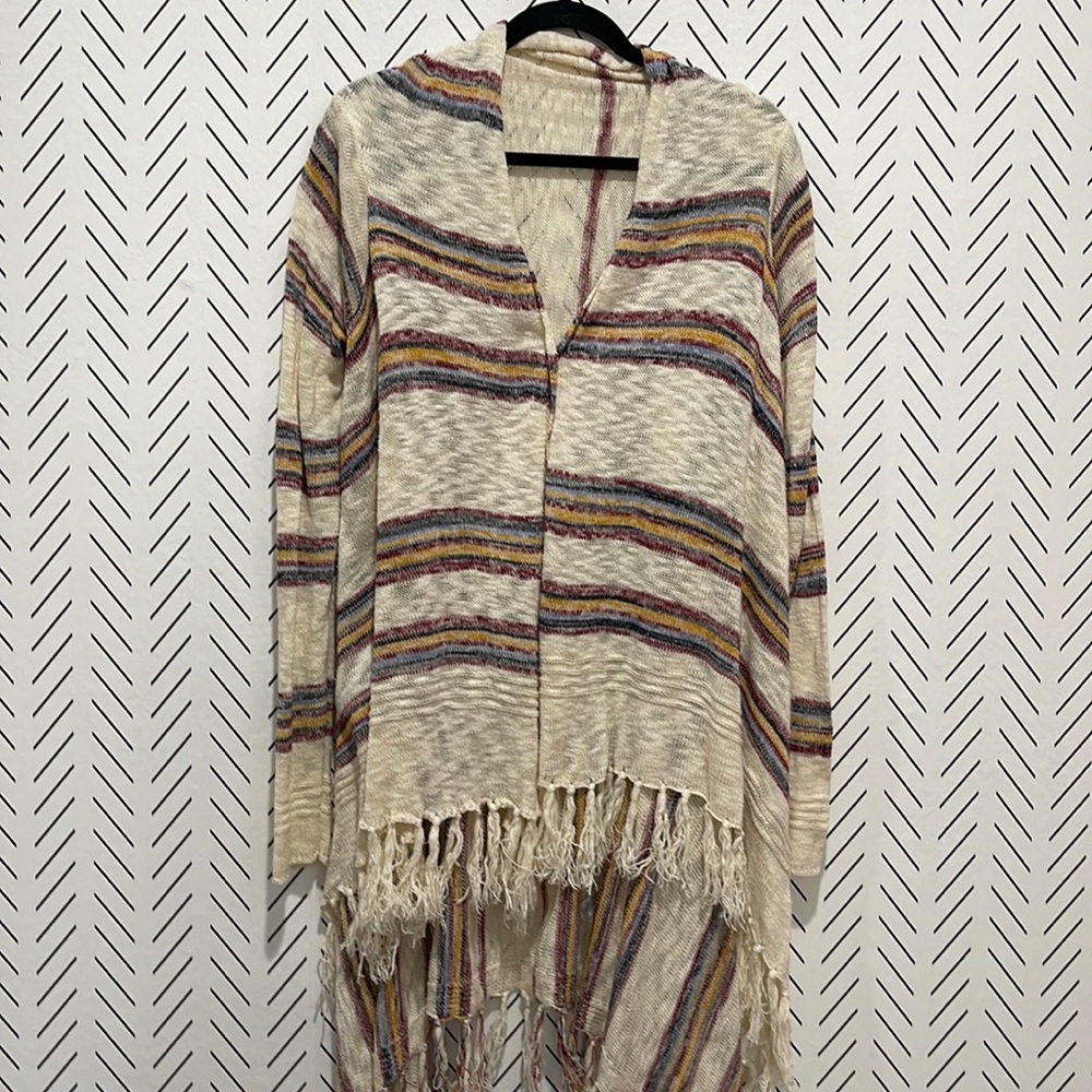 Beige Striped Wrap Light Sweater, long line, Cotton Blend.